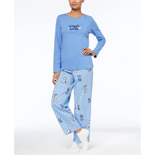 HUE Women's Graphic Printed Top, Pants & Socks Pajama Set